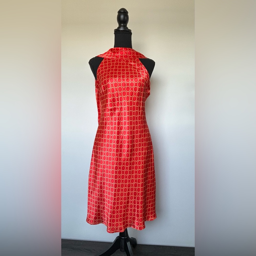 New Women’s Donna Ricco Silk Tie Neck Dress in Orange With Gold Circles Size 6P
